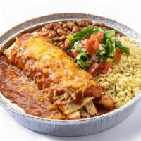 Single Enchilada · Stuffed with meat, cheese and sauce. Served with cilantro lime rice, and choice of beans.