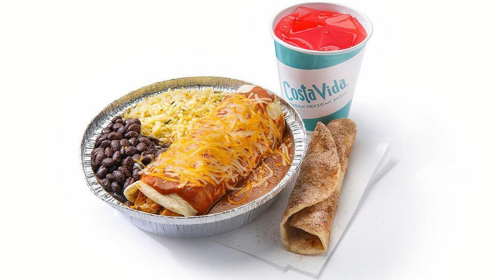 Kids Enchiladas · Comes with a choice of protein, rice and beans with a cinnamon tortilla and drink on the side.