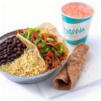 Kids Tacos · Comes with a choice of protein, rice and beans with a cinnamon tortilla and drink on the side.