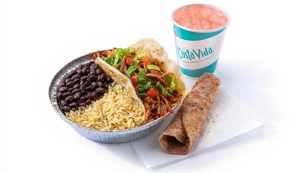 Kids Tacos · Comes with a choice of protein, rice and beans with a cinnamon tortilla and drink on the side.