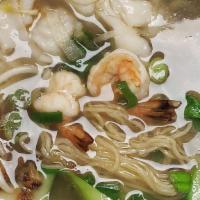Wonton & Seafood With Egg Noodles Soup · Size large only.