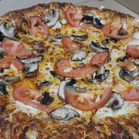 Italian Gourmet Pizza · Italian creamy garlic sauce, sausage, pepperoni, mushrooms, and tomatoes.