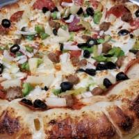 Supreme Pizza (All Topping) · Eastern style sauce, pepperoni, sausage, ham, black olives, onions, mushrooms and bell peppe...