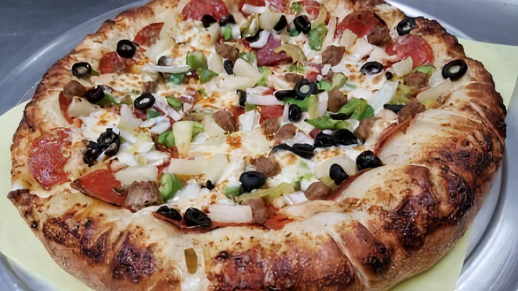 Supreme Pizza (All Topping) · Eastern style sauce, pepperoni, sausage, ham, black olives, onions, mushrooms and bell peppers.