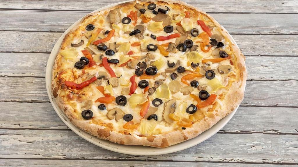 Individual Vegetarian Pizza · Bell Pepper, Onion, Mushroom, Olive, Tomato, Artichoke Hearts, Cheese.