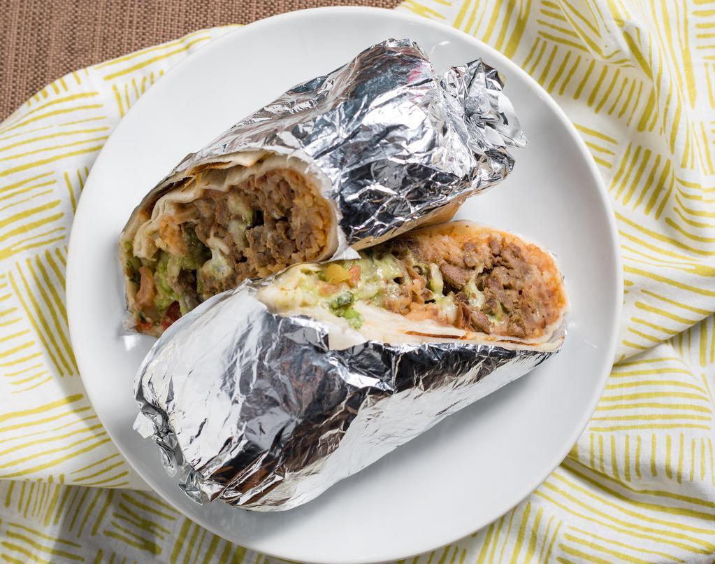 Super Burrito · Includes any kind of meat, beans, rice, sour cream, guacamole, cheese, pico de gallo