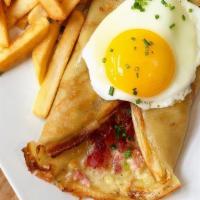 La Crepe Complete · French cooked ham and Gruyere cheese. Served with baby greens. Add a sunny side up egg for $2