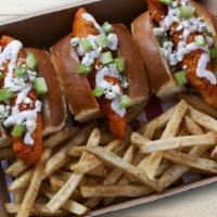 Buffalo Bird Dogs · 3 Chicken fingers tossed in Frank’s RedHot® Buffalo sauce on mini buns with Ranch, diced cel...