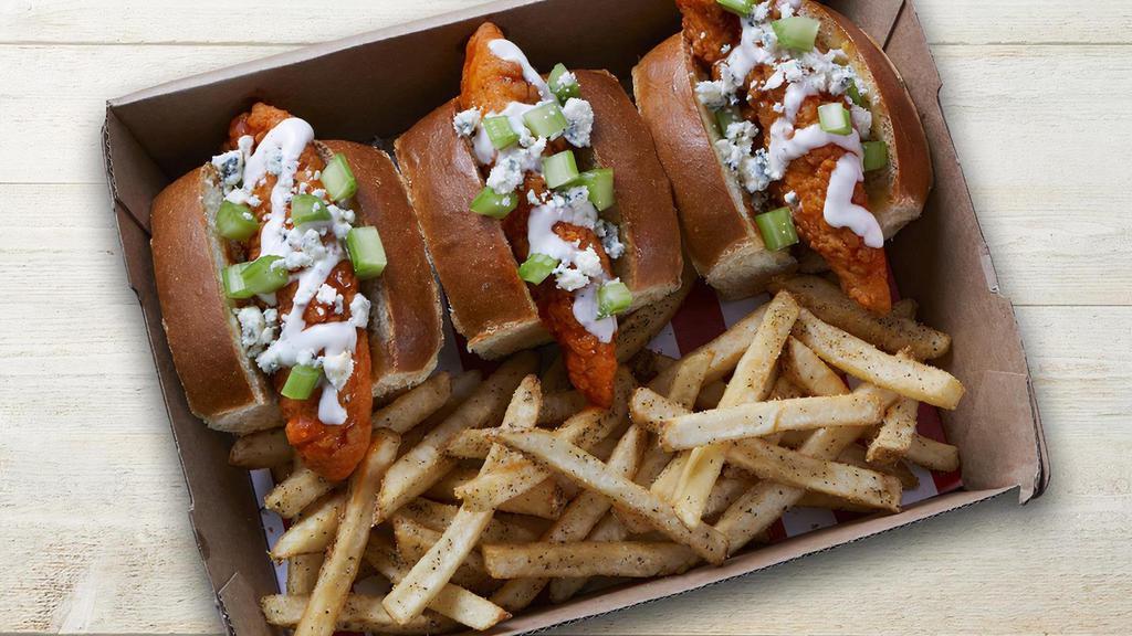 Buffalo Bird Dogs · 3 Chicken fingers tossed in Frank’s RedHot® Buffalo sauce on mini buns with Ranch, diced celery and crumbled blue cheese. Paired with seasoned fries.
