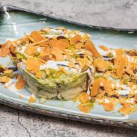 Avocado Chaat · Vegan, vegetarian, and gluten-free. Delicately spiced wheat crisp with layer of avocado, dat...