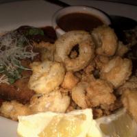 Hot Antipasto (For 2) · Calamari, shrimp scampi, mozzarella marinara, and baked clams.