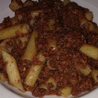 Bolognese · Rigatoni with meat sauce.