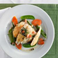 Parmesan Alaskan Sand Dabs  · sauteed with caper butter sauce, mashed potatoes and steamed vegetables.