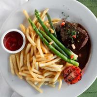 Steak Frites (6 Oz) · with grilled tomatoes, asparagus, french fries in a burgundy wine sauce.