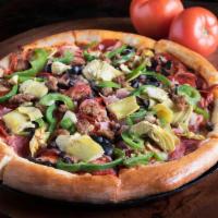 Pete'S Combo Pizza* · Pepperoni, salami, ham, linguica, sausage, bell peppers, olives and artichoke hearts. This i...