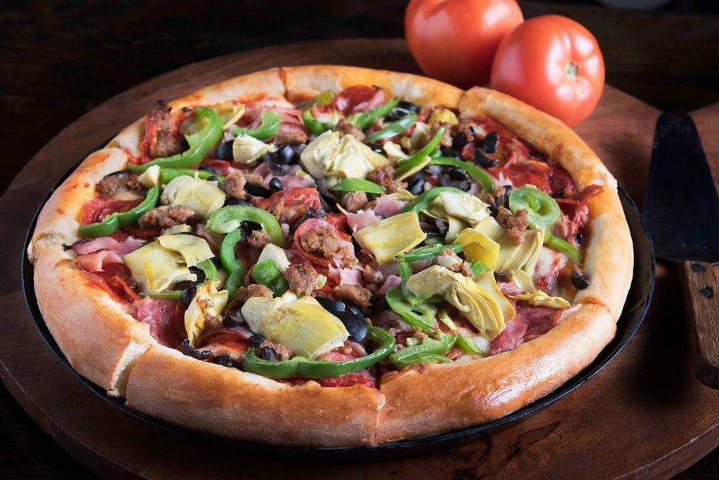 Pete'S Combo Pizza* · Pepperoni, salami, ham, linguica, sausage, bell peppers, olives and artichoke hearts. This is the creation that made Pete’s #1