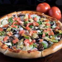The Veghead Pizza* · Artichoke hearts, black olives, zucchini, mushrooms, yellow onions, bell peppers, feta chees...