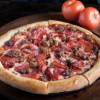 Pete'S All Meat Pizza* · Pepperoni, salami, ham, linguica, sausage and ground beef. And of course, lots of mozzarella...