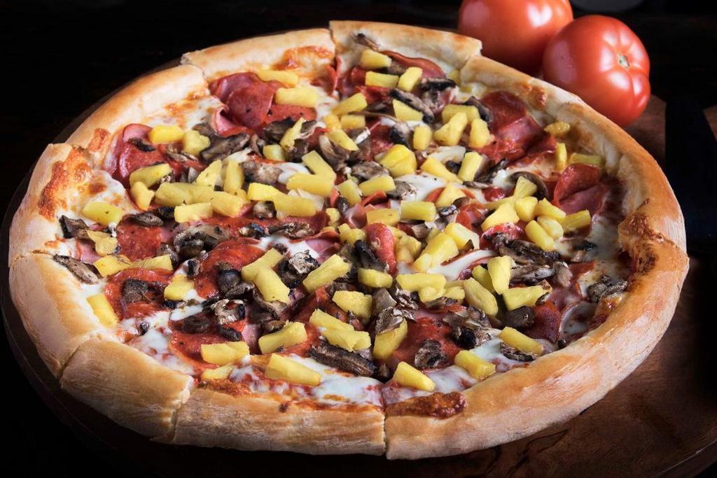 Hawaiian Luau Pizza* · An exciting combo of tropical delights make this pizza one of our most popular. Canadian bacon, pepperoni, mushrooms and luscious Hawaiian pineapple.