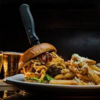 Pete'S Brewhouse Burger · Our half-pound patty topped with brewhouse onions, bacon, cheddar cheese, lettuce, tomatoes ...