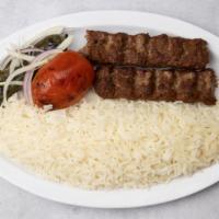 Beef Lula Kabob · ground beef mixed with special spices and onion includes basmati rice grilled tomato, shiraz...