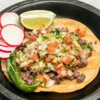Carne Asada Tacos · Two pieces. Grilled steak with guacamole and pico. Served with rice and beans.