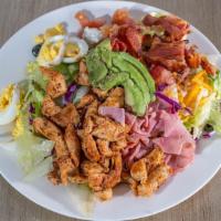 Chef'S Salad · Selected mixed greens, chicken bacon, ham, tomato, topped with cheddar, quest fresco and boi...