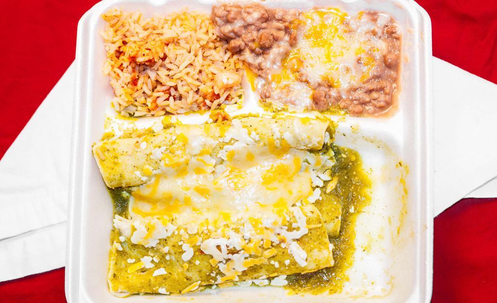 Enchiladas Verdes Or Rojas · Beef, chicken or cheese enchiladas topped with red or green sauce, cheese and sour cream.