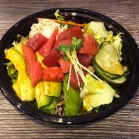 Poke Bowl · choose tuna, salmon, or mix . w/salad, krab, avocado, cucumber salad, rice & poke sauce. ser...