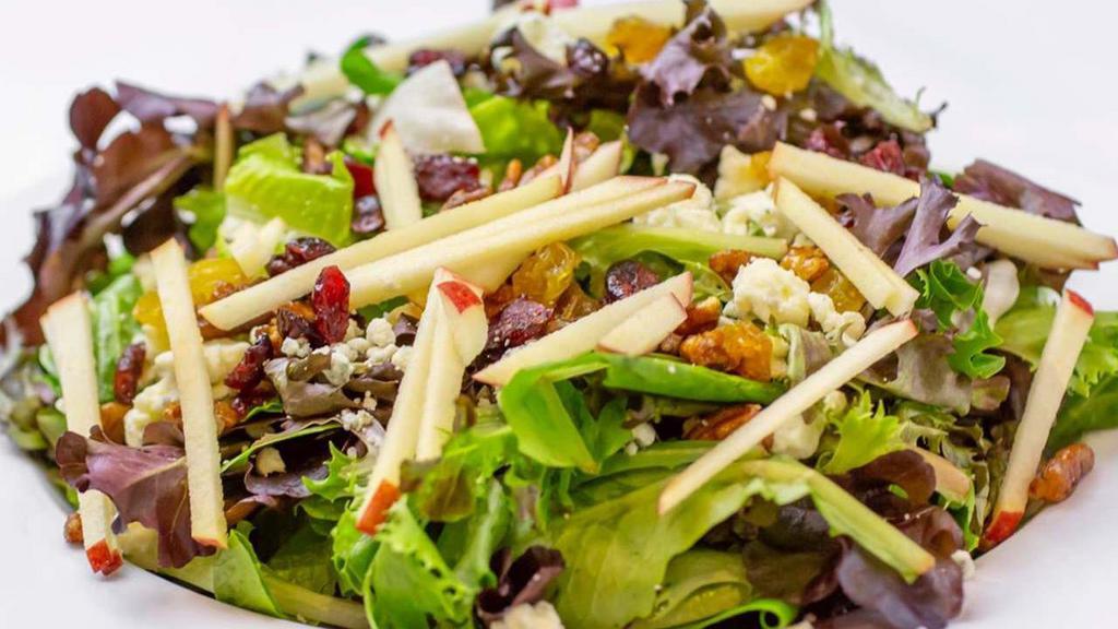 Ruby'S Apple, Pecan & Bleu Cheese Salad · Vegetarian. Fresh spring mix, romaine, julienne apples, dried cranberries, candied pecans, golden raisins, and Bleu cheese tossed in a pomegranate vinaigrette.