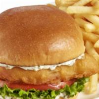 Crispy Cod Sandwich · Batter-dipped, golden-fried, flaky Atlantic cod served on a bed of lettuce, tomato, and tart...