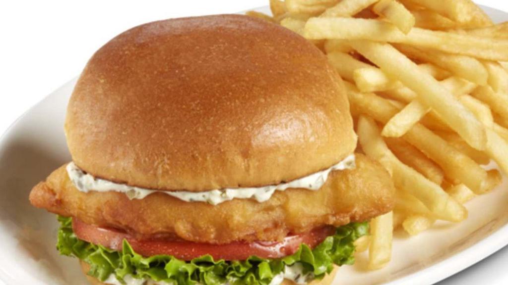 Crispy Cod Sandwich · Batter-dipped, golden-fried, flaky Atlantic cod served on a bed of lettuce, tomato, and tartar sauce on a soft brioche bun.