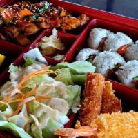 Spicy Chicken Bento · Spicy. Spicy chicken teriyaki, spicy tuna roll, fried seafood, served with rice or salad.