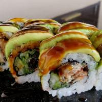 Caterpillar Special Roll · BBQ eel and cucumber roll topped with avocados.