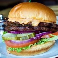 Double Stack · Two 5oz beef patties, lettuce, tomato, onion and pickles