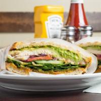 Hot Blonde Panini · Grilled marys organic chicken, swiss cheese, spinach, avocado, cucumber, tomato, roasted red...