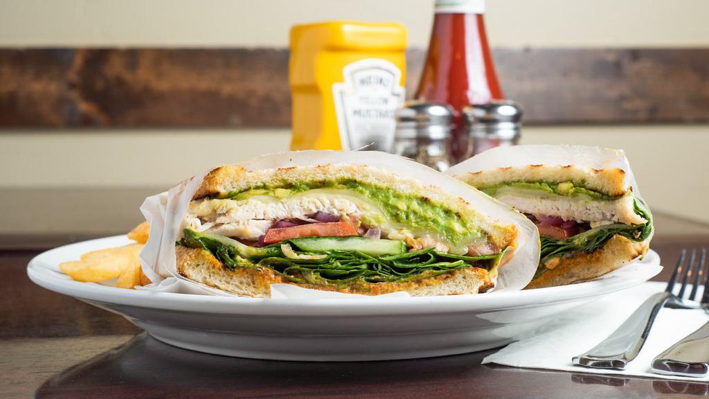 Hot Blonde Panini · Grilled marys organic chicken, swiss cheese, spinach, avocado, cucumber, tomato, roasted red onions, garlic spread, brown mustard, pepper plant sauce, sliced sourdough. * 
 
*Featured on Diners, Drive-ins and Dives