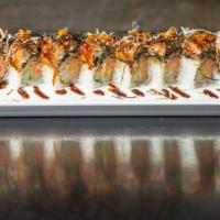 Super Dragon Roll(8Pcs) · In: tempura shrimp, avocado and snow crab. Out: whole piece eel, sesame seed smelt egg with ...
