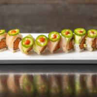 Lips Special Roll · In - spicy tuna, cucumber, out - yellowtail, avocado, jalapeno with ponzu, hot sauce.