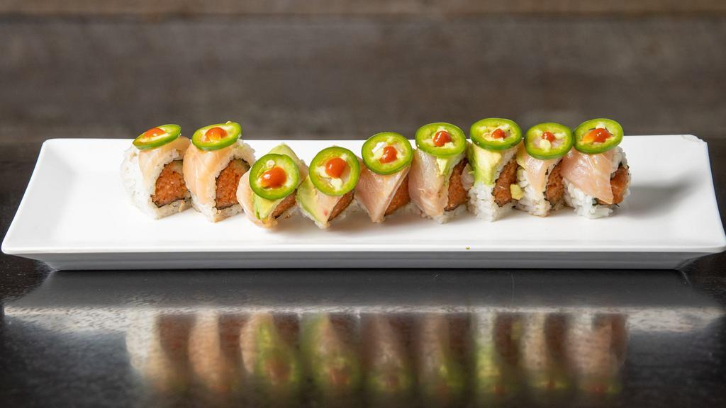Lips Special Roll(8Pcs) · In: spicy tuna and cucumber. Out: yellowtail, avocado, jalapeno with ponzu and hot sauce.