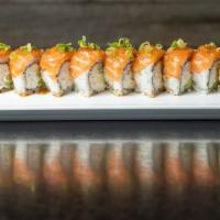 Sunshine Roll(8Pcs) · In: imitation crab, avocado and cucumber. Out: salmon with house dressing.