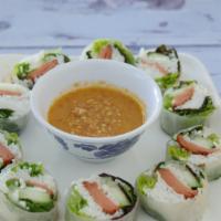Spring Rolls · Vermicelli, mint, lettuce, cucumber, soy ham, dipped with pineapple sauce and peanut.
