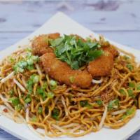 Cha Cha Mongo Noodles · Stir fried fresh yellow noodles, battered soy sea nuggets, bell peppers, garlic, green onion...