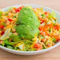 Garden Salad · Romaine, avocado, garbanzo beans, cucumber, tomato, green and red peppers, celery, carrots a...