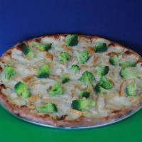 Chicken Alfredo Pizza · Alfredo sauce, mozzarella, chicken, and broccoli.