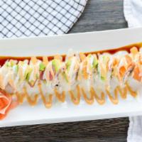 Rainbow Roll · DF shrimp, crab, topped with tuna, salmon, ebi, dai, avocado, and sweet and spicy sauce.