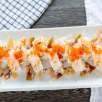 Tiger Roll · DF shrimp, crab topped with cooked shrimp sweet and spicy sauce, and tobiko.