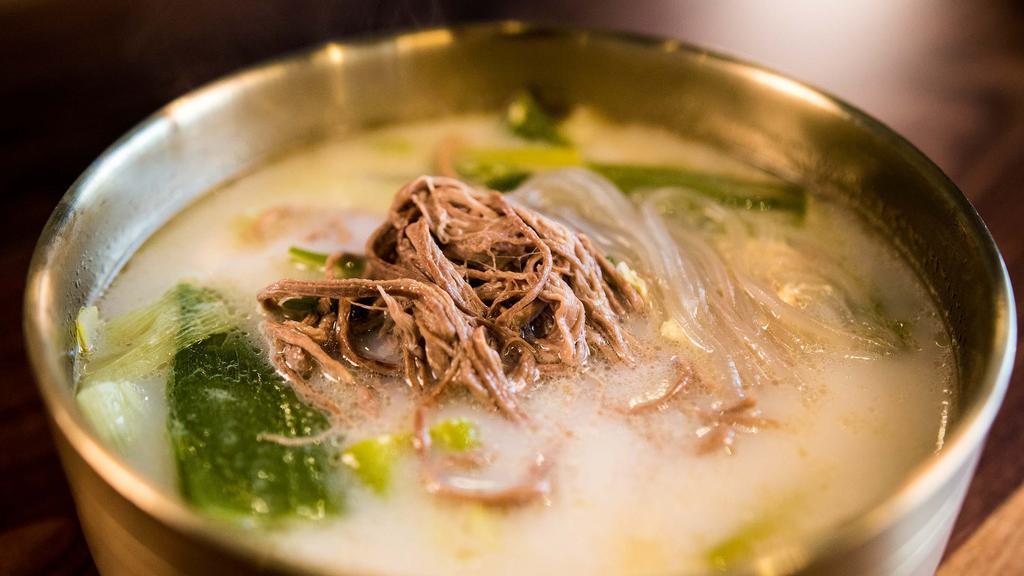 Yukgaejang Sullungtang · Premium hand shreded Brisket, Green onion, Glass noodle in origianl non-spicy ox bone broth.  Our specialty & All time customers' favorite!!!