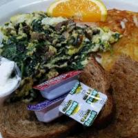 Fresh Spinach Omelette Meal · 2 large scrambled eggs with fresh button mushrooms, fresh leafy spinach and real cheddar che...