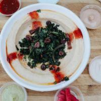 Hummus Bowl · Made with fresh chickpeas, from scratch, no cans - ‘nuff said. Finished with olive oil, turn...